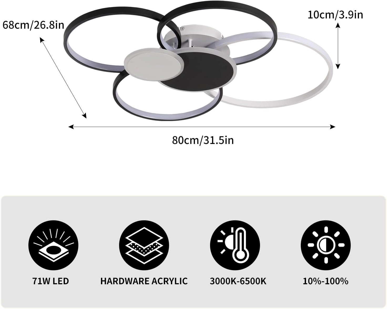 Modern LED Ceiling Light, 6 Circles Flush Mount Ceiling Light Lamp, Dimmable Ring Chandelier Close to Ceiling Light Fixtures for Living Room Bedroom Kitchen (71W/Black)