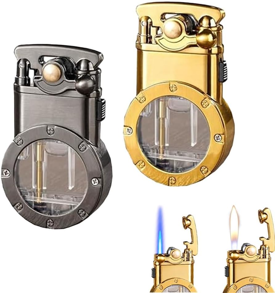 2-Pack Handmade Transparent Kerosene Double-Fire Lighter, Retro Mechanical Punk Style Creative Transparent Windproof Lighter(2pc-a2)