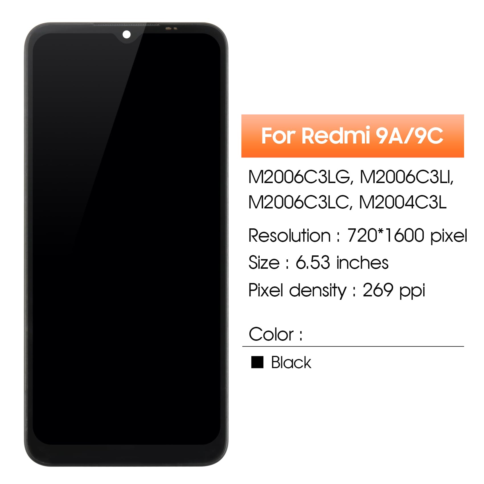 Écran Complet (Vitre + LCD) Pour Xiaomi Redmi 9A - Modèles M2006C3LG/LI/LC - Noir - Neuf