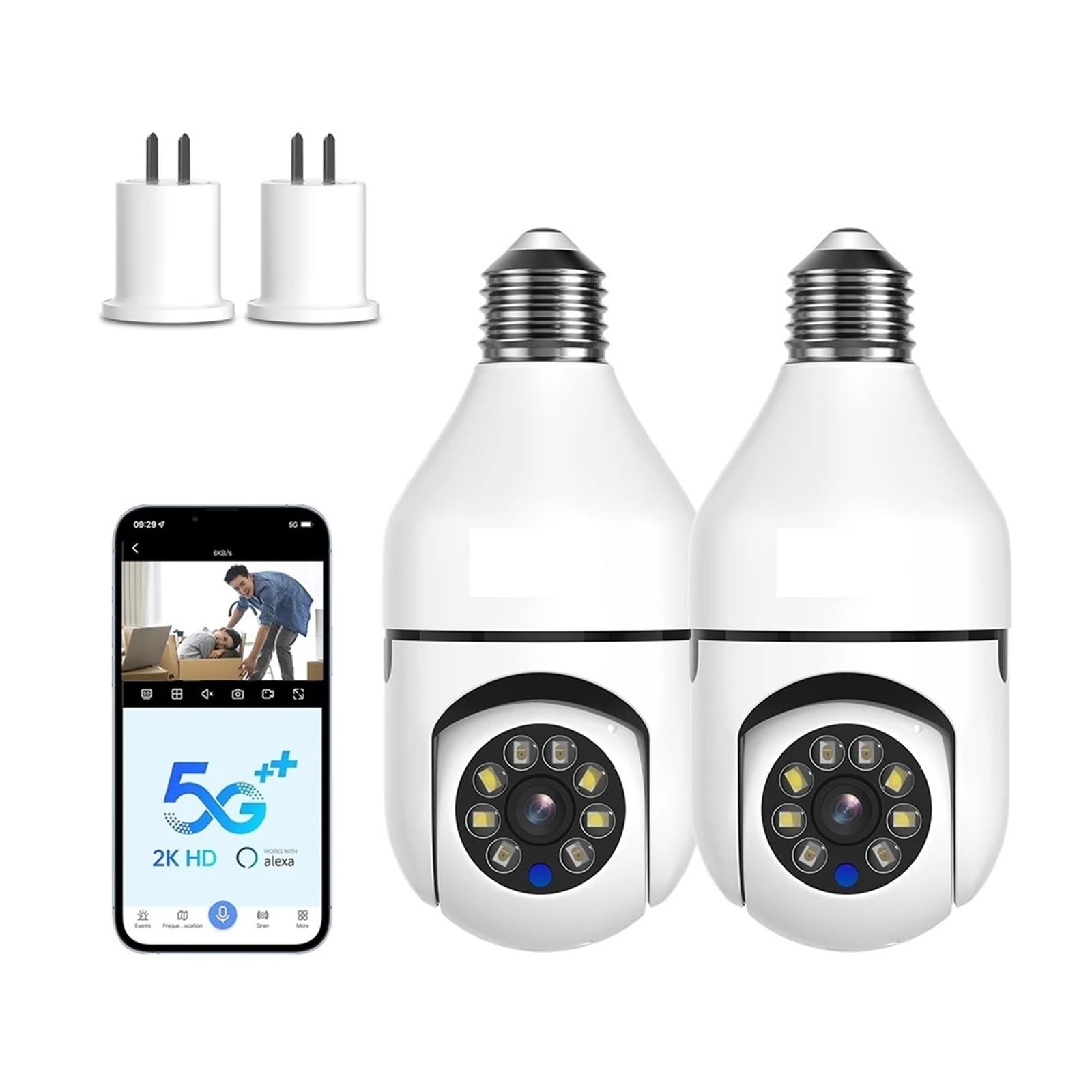 Caméra de sécurité Domestique, Ampoule De Caméra Caméra Vision Nocturne Suivi Audio Bidirectionnel Surveillance sans Fil(2PCS NO SD Card)