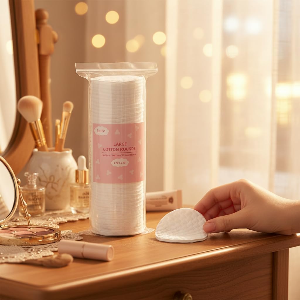 ICOTLE 200 Count Large Cotton Rounds, 100% Pure Cotton Pads, 2.76 Inch Diameter, Soft and Skin-Friendly, Dual-Sided for Makeup Removal, Skincare, Facial Care and Daily Cleansing