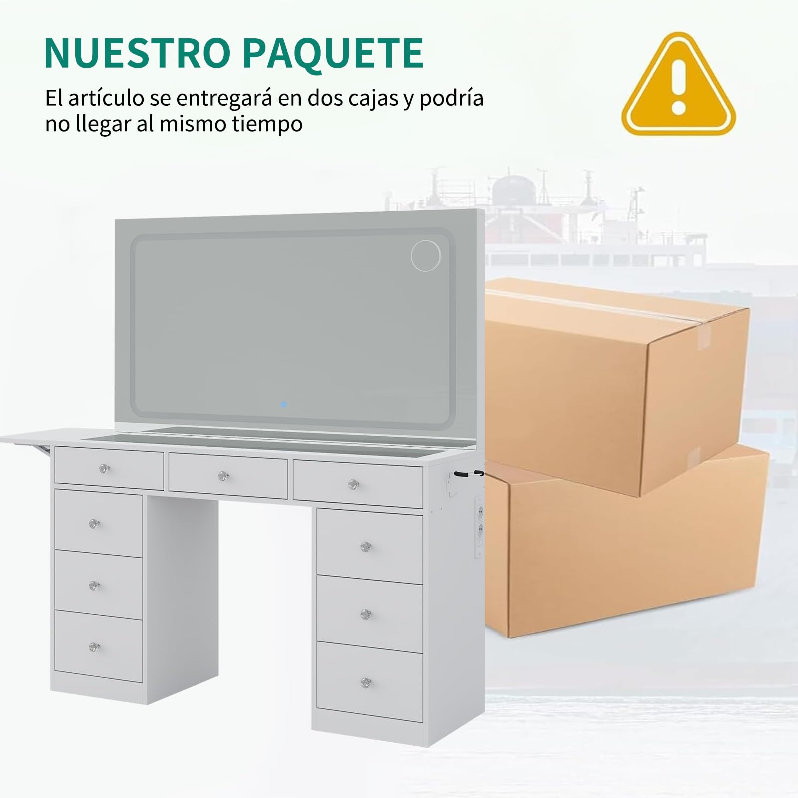 Yanosaku Tocador de Maquillaje con Espejo LED y Taburete, 9 Cajones, Mesa de Cristal y Tomas de Corriente, 3 Modos de Luz Regulables, Panel Plegable, Tocador Moderno Blanco para Dormitorio