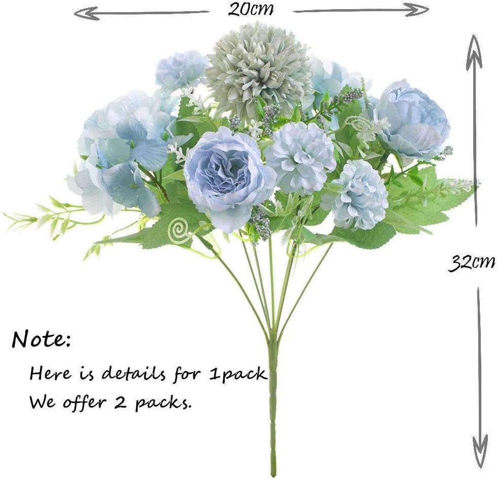 KIRIFLY Artificial Flowers, Fake Peony Silk Hydrangea Bouquet Decor Plastic Carnations Realistic Flower Arrangements Wedding Decoration Table Centerpieces 2 Packs (Blue) : Home & Kitchen