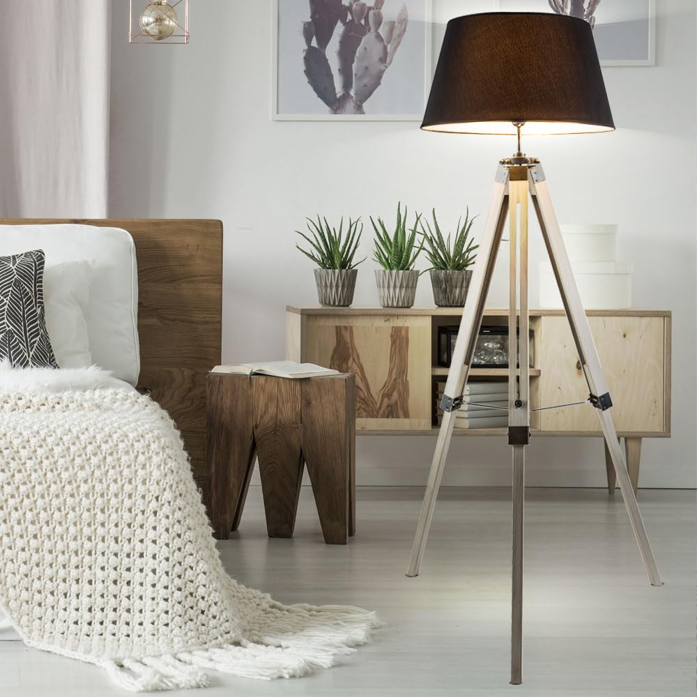 Stehleuchte Wohnzimmer grau Stehlampe Metall Standleuchte Stativ Holz, Textilschirm, 1x E27 Fassung, DxH 65x145 cm