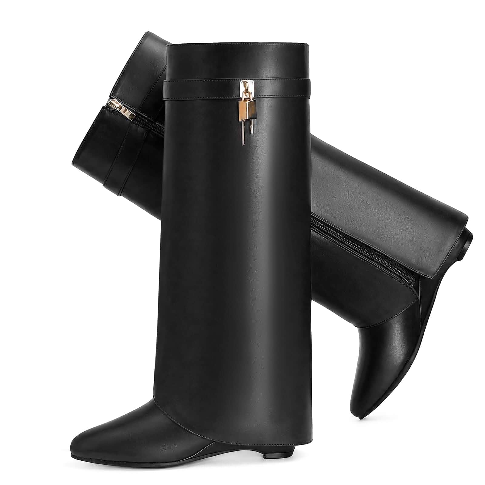 IXU 1.9-Inch Fold Over Knee High Shark Boots Women Wedge Heel Side Zipper Pointed Toe Low Wedge Heel Fashion Slouchy Boots, Wide Calf, Fall Spring Winter Dress Tall Boots, Evening office Long Boot