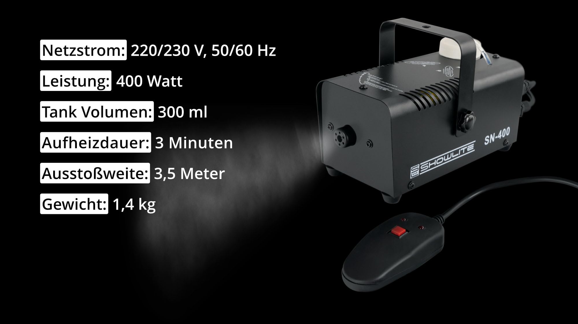 Showlite SN-400 Machine à fumée avec télécommande (seulement 3 minutes de préchauffage) - Effet de brouillard adapté aux discothèques - Compact et peu encombrant avec une puissance de 400 watts