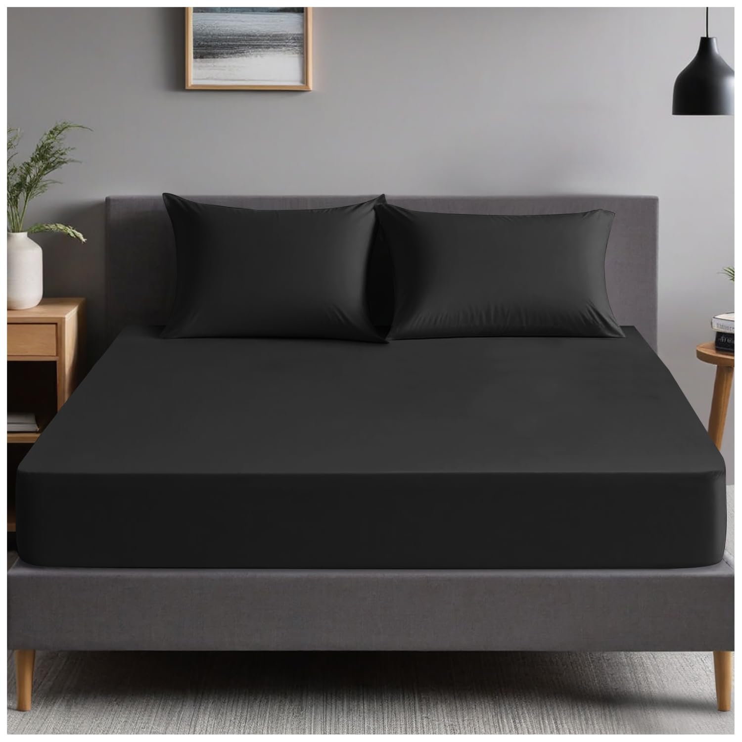 Gc Gaveno Cavailia Black | Plain Dyed Bedding Bedsheet - Ultra Soft 4Ft Fitted Bed Sheet - Non Iron Polycotton Percale Sheets |