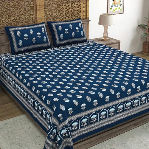 Image of BLOCKS OF INDIA Hand Block Printed 200 TC Cotton Super King Size Bedsheet(106 x 106) | Pack of 1, Batik Blue Flower