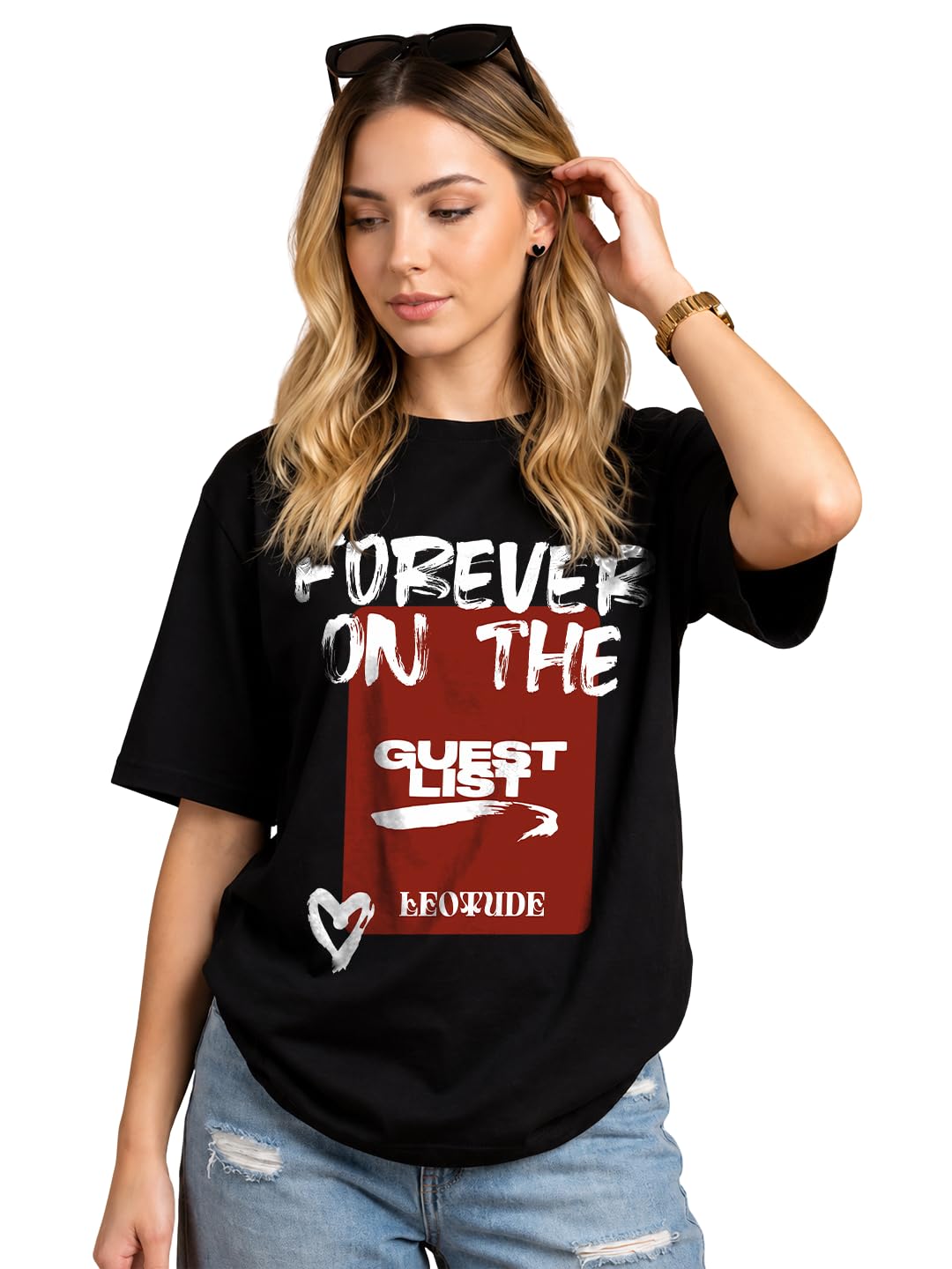 leotude Women's Oversized Fit Half Sleeve Round Neck T-Shirt | Casual wear | Streetwear | Oversized Tshirt for Woman Cotton| Baggy (Color: Black)-picture-15