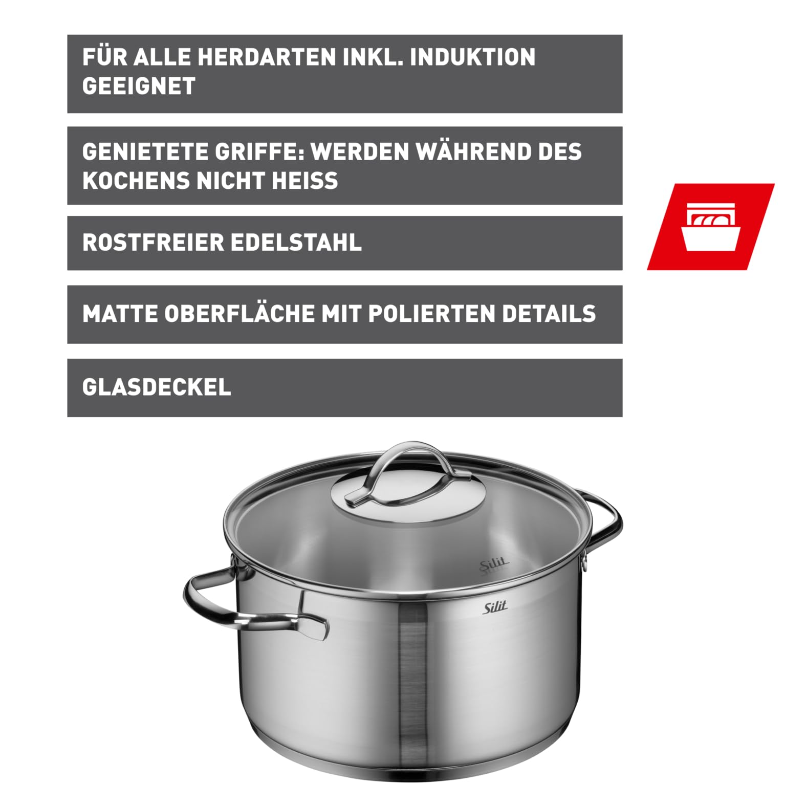 Silit Achat Kochtopf groß 24cm, Glasdeckel, Fleischtopf Induktion 5,6l, Edelstahl teilmattiert, unbeschichtet, backofengeeignet