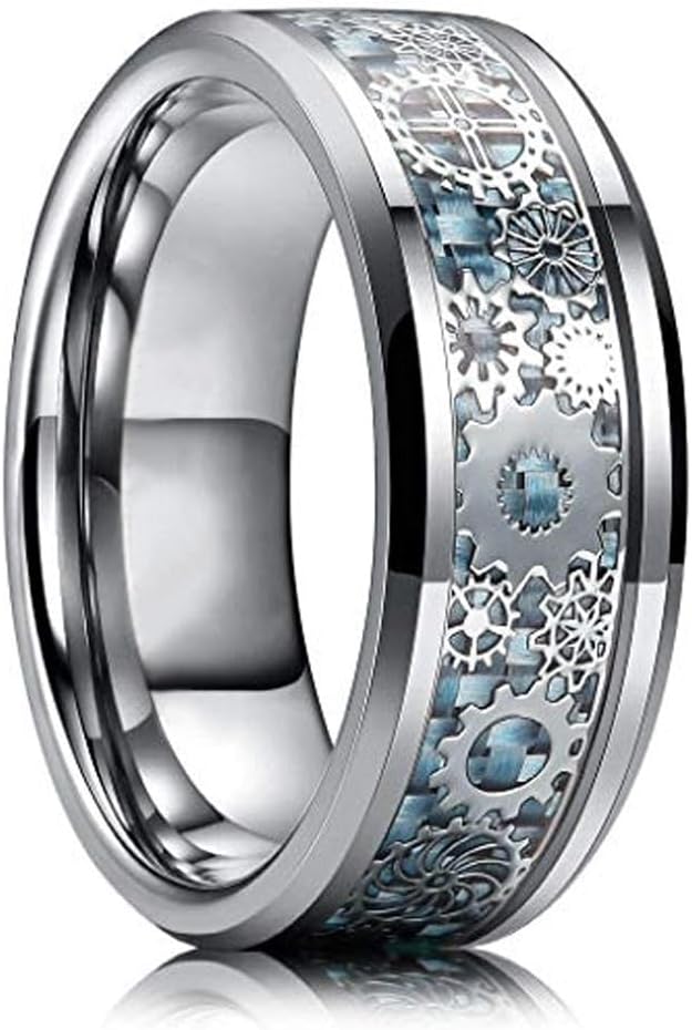 (8mm) Unisex or Men's Tungsten Carbide Wedding Ring Band. Silver Band with Silver Mechanical Gears Ring over Light Blue Carbon Fiber Resin.