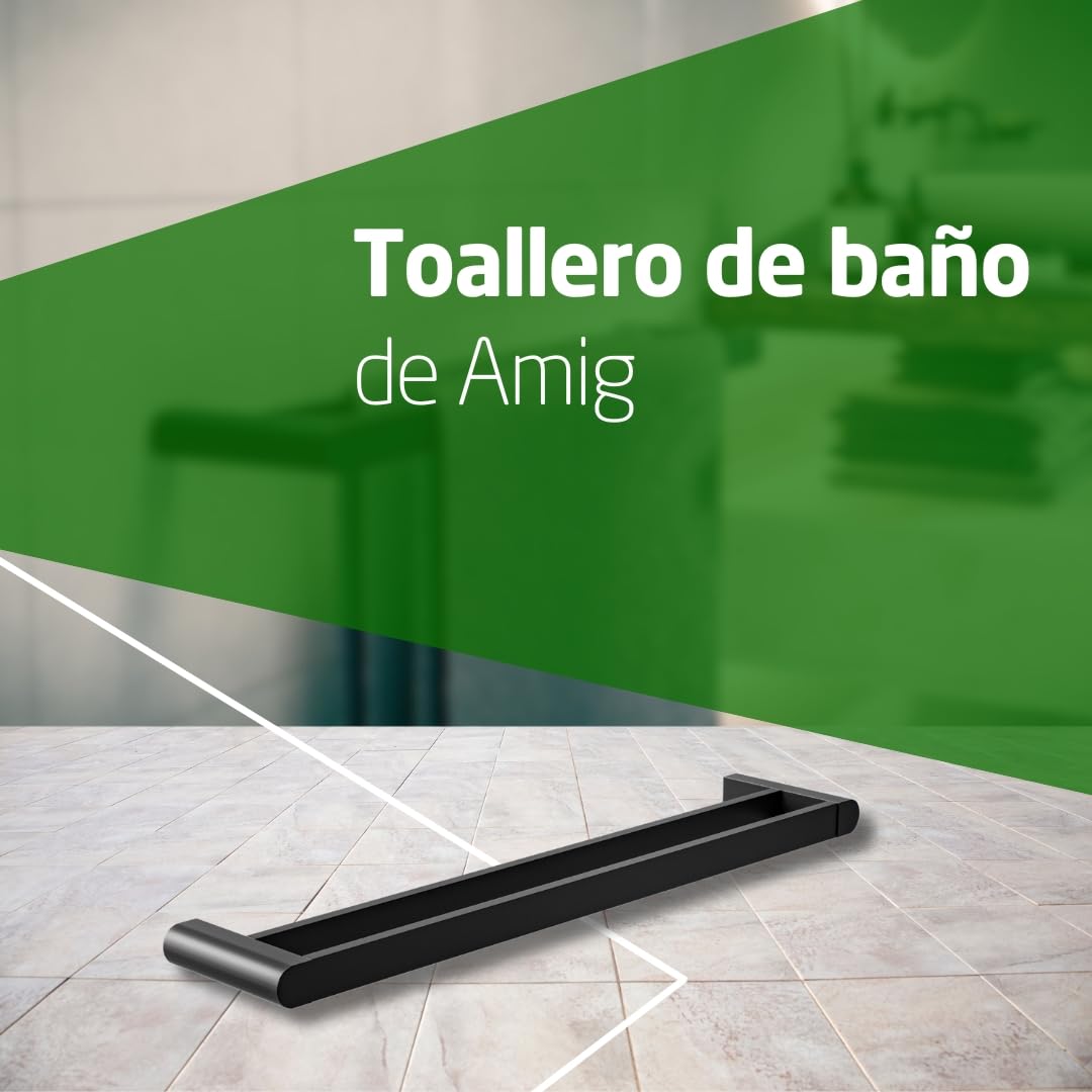Amig - Toallero de baño Doble Barra Mod. OMA-1 - Soporte de Pared para Toallas con Tornillos incluidos - 640 x 125 x 30 mm - Zamak - Negro Mate