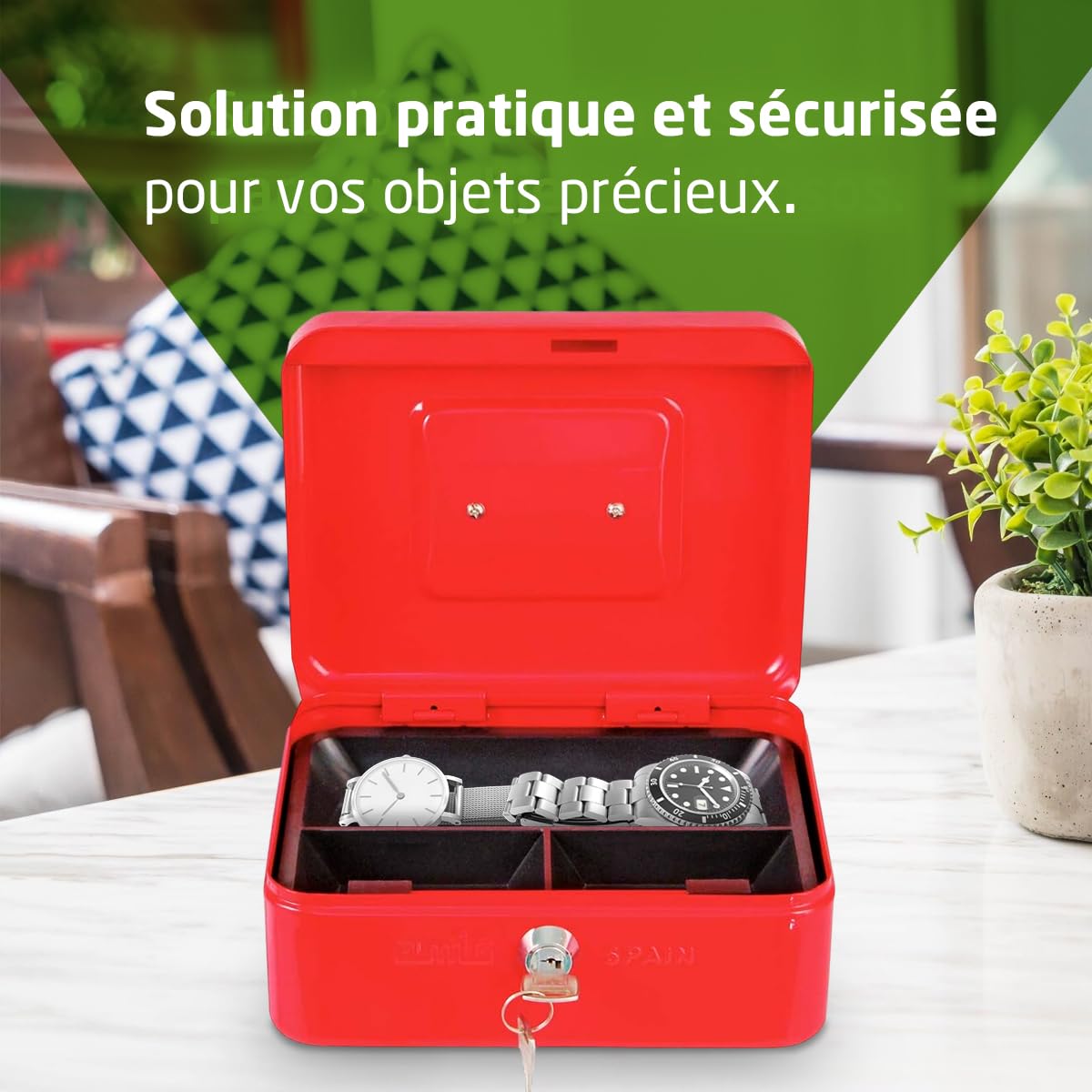 Amig Coffre-fort Acier Rouge 150 x 110 x 70 mm avec Plateau à monnaie et 2 clés