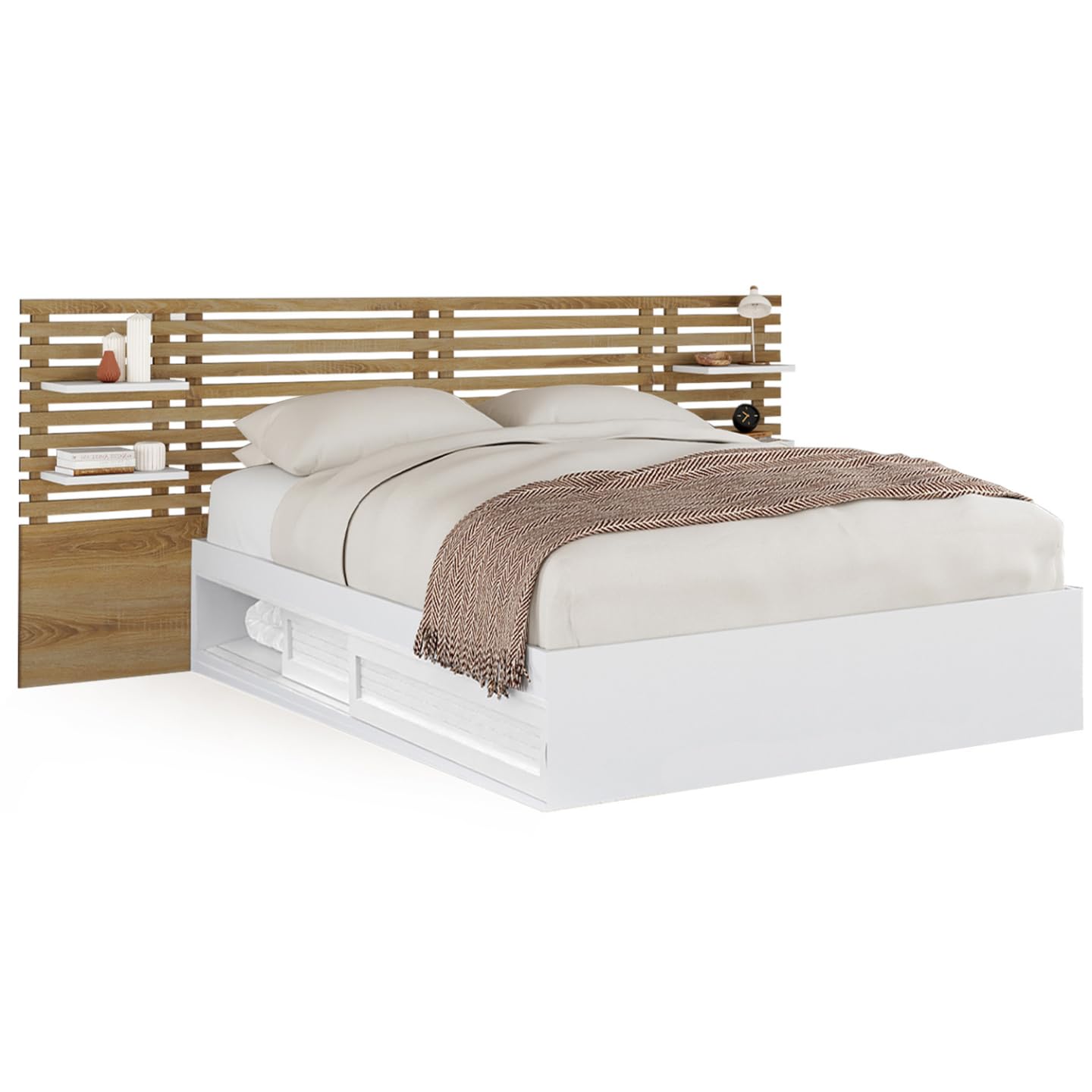 IDMarket - Lit Double Savana avec tête de lit, chevets, rangements et sommier 140 x 190 cm Blanc et façon hêtre