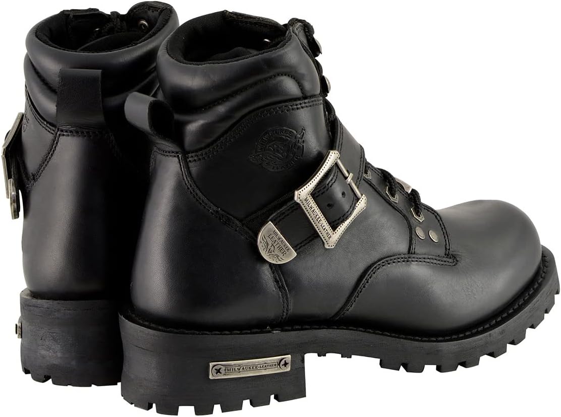 Milwaukee Leather Men's Classic Black Leather Lace-Up 6-inch Engineer Boots with Side Buckle MBM9010