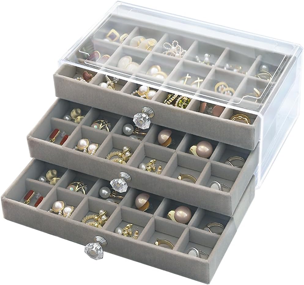SPAKOWN Earring Box Holder Organizer Display Case, Clear Velvet Jewelry Storage Tray Organizer for Earring Ring Stud (Beige - 5 Drawers)