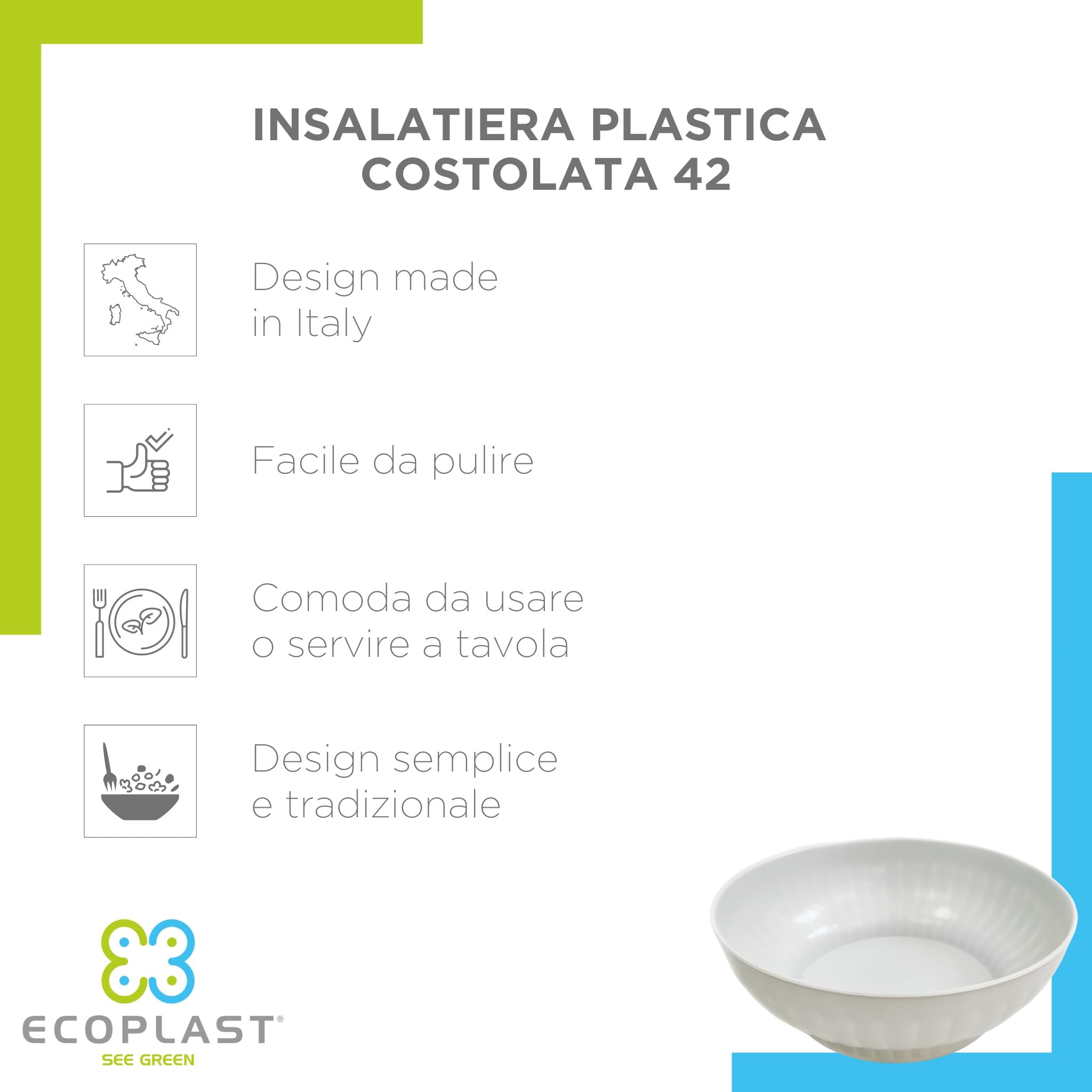 Ecoplast | Insalatiera in Plastica Costolata 12 Lt, Ciotola Cucina Bianca, ø42, Made in Italy