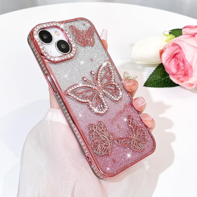 Image of Elzzi Electroplated Butterfly Phone Cover for iPhone 15 Case, Showcasing Pearlescent Diamond Soft TPU, Camera Protection, Shockproof, Dropresistant Stylish for Girls & Women (Blue)