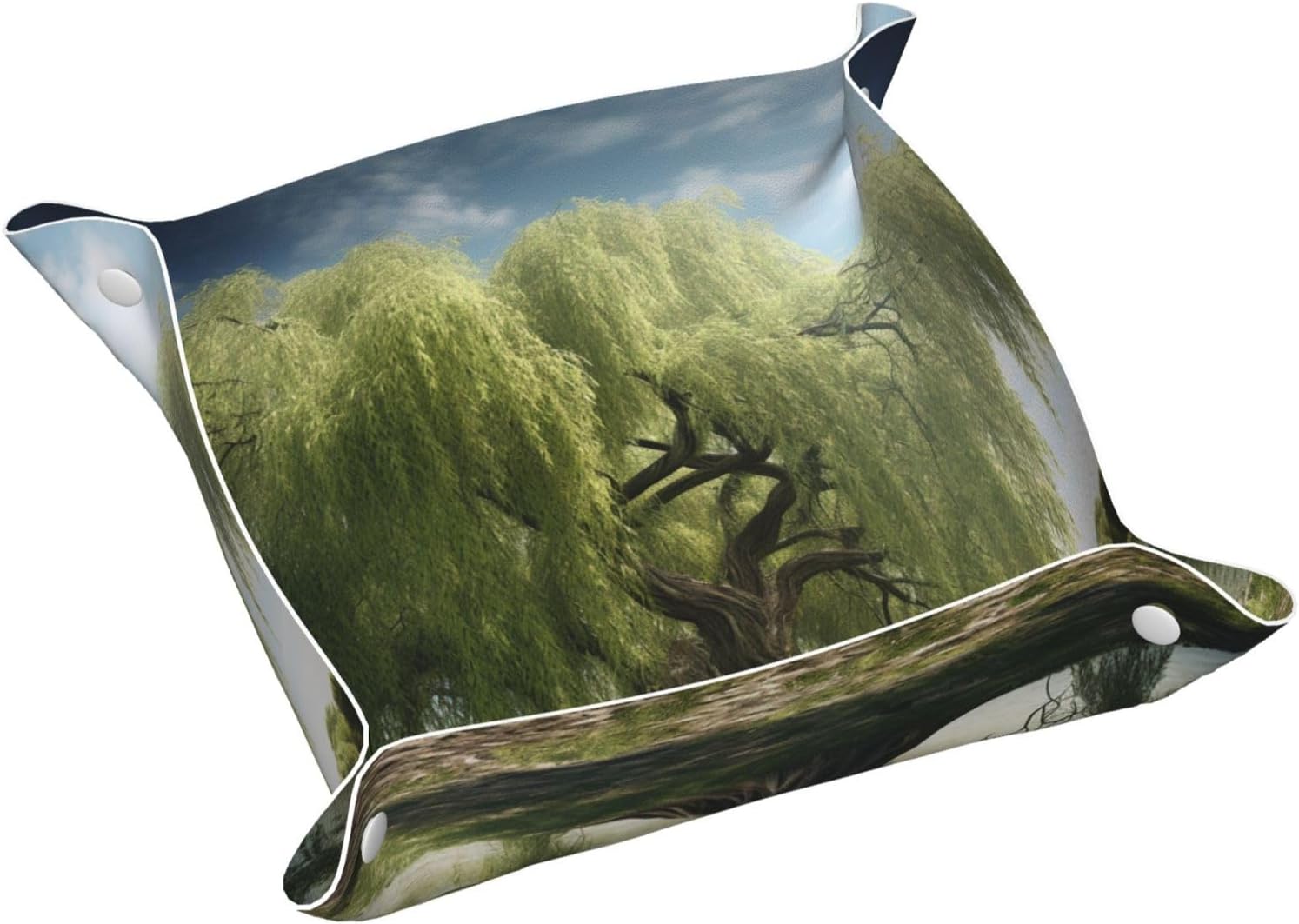 PU Leather Valet Tray,Elegant Desktop Storage Organizer Willow Tree Decorative Jewelry Tray, Portable Catchall Travel Storage Dish Plate for Key, Wallet, Watch, Coin