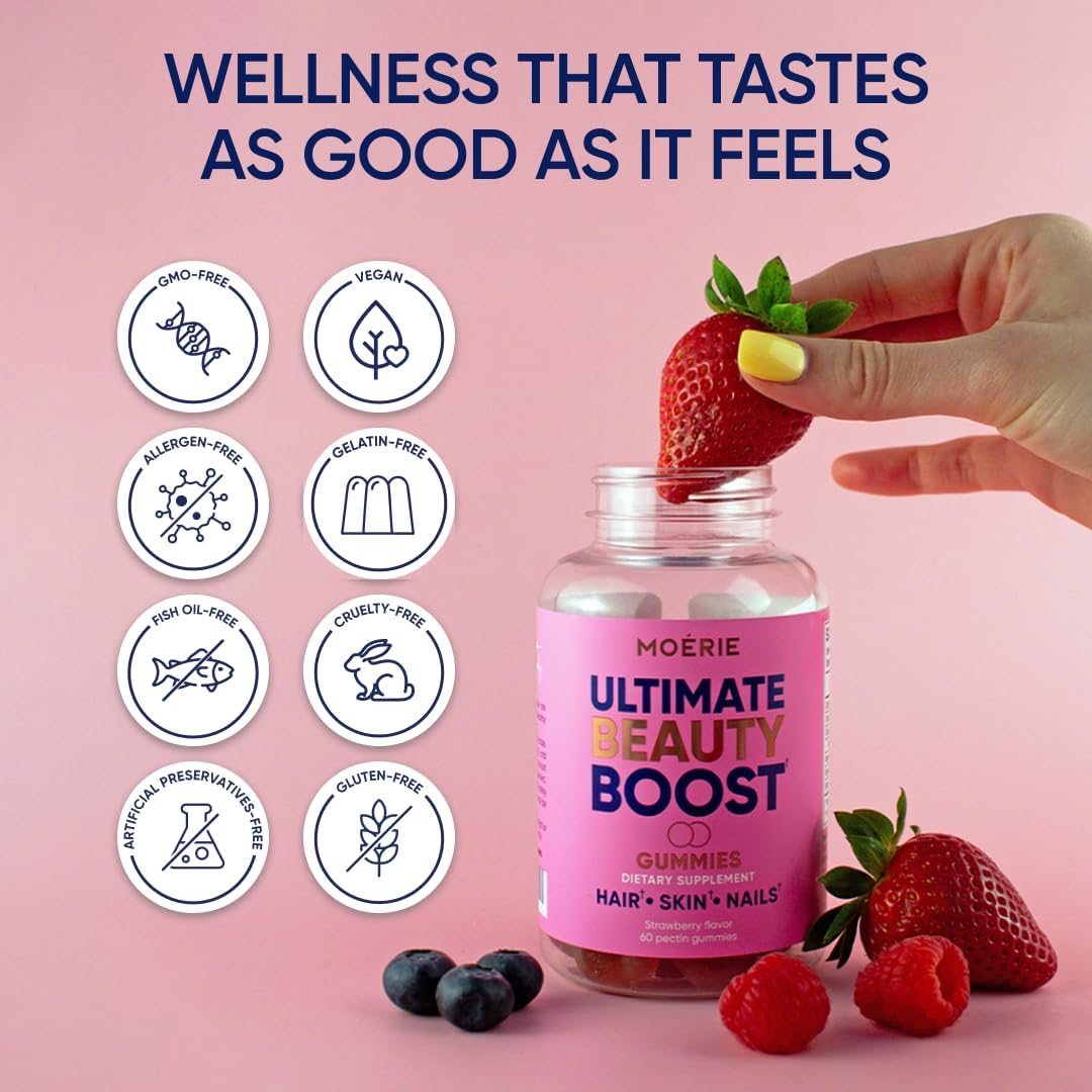 Moerie Hair Skin and Nails Gummies for Women & Men - Biotin for Hair Loss, Gummy Vitamins & Growth Dietary Supplements - Sugarbear for Thicker Hair - Allergen Free - 60 per Serving - Balanced Diet - Image 5