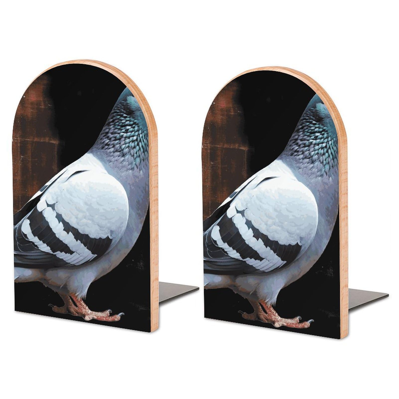 Serre-livres pigeon grand format en hêtre et métal pour étagère