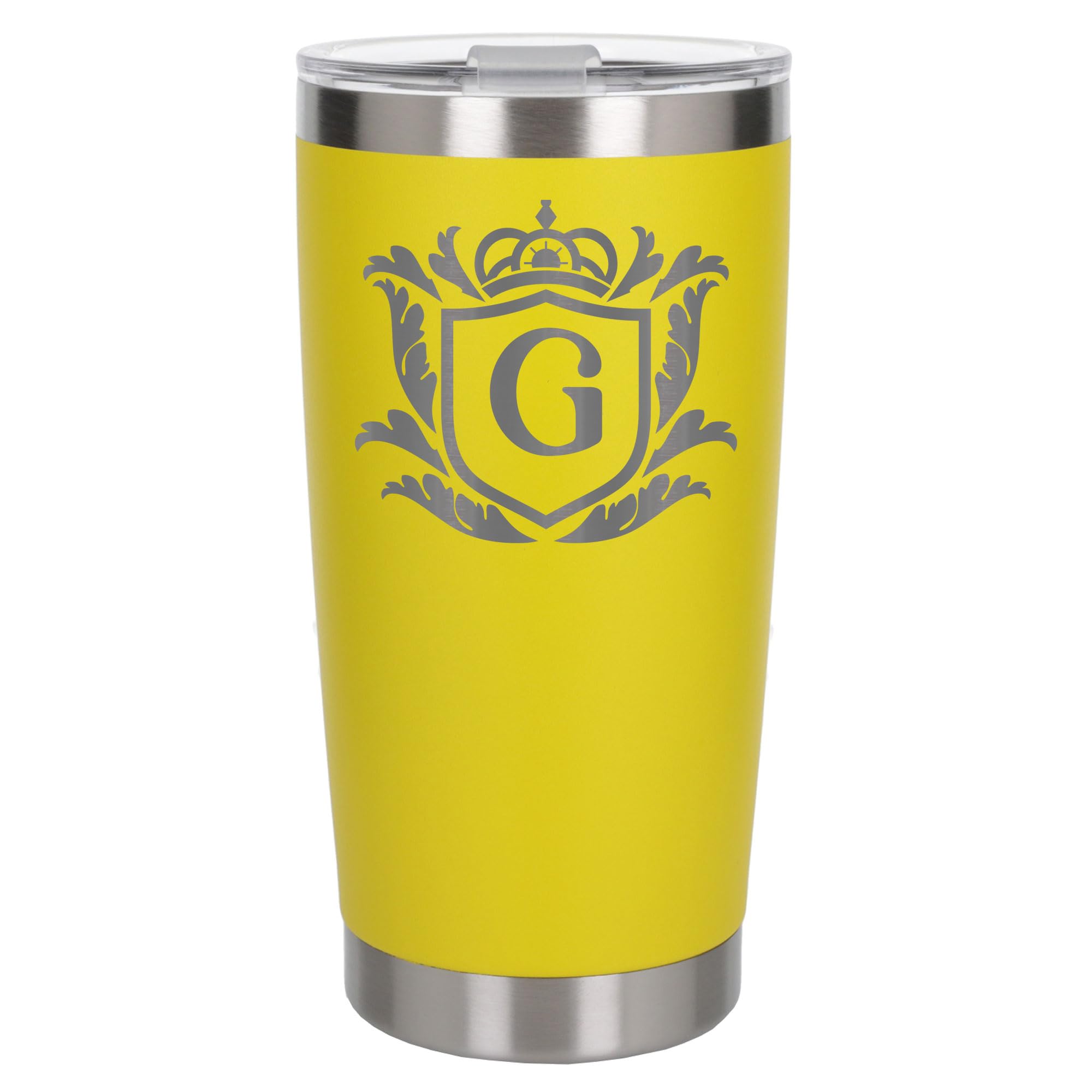 Customised Gifts 500ml Engraved Shield Initial Monogram Insulated Personalised Yellow Travel Mug for Men and Women - Personalised Initial Coffee Travel Mug for Hot and Cold Beverages, Letter G
