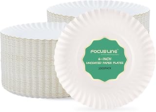 FOCUSLINE 6 Inch Uncoated Paper Plates 1000 Count Bulk, White Disposable Dessert Plates for Snacks, Parties, Picnics