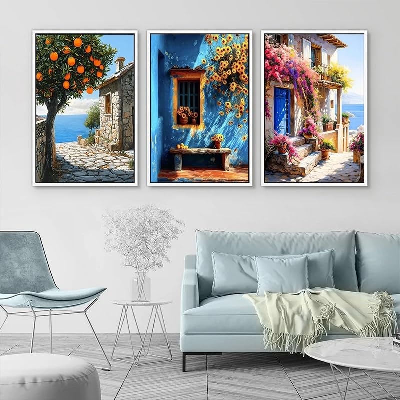 Hermosos paisajes naturales: pósteres al óleo, 'El árbol en la esquina de la pared', lienzos e impresiones para decoración de sala de estar (50 x 70 cm, 3 unidades)