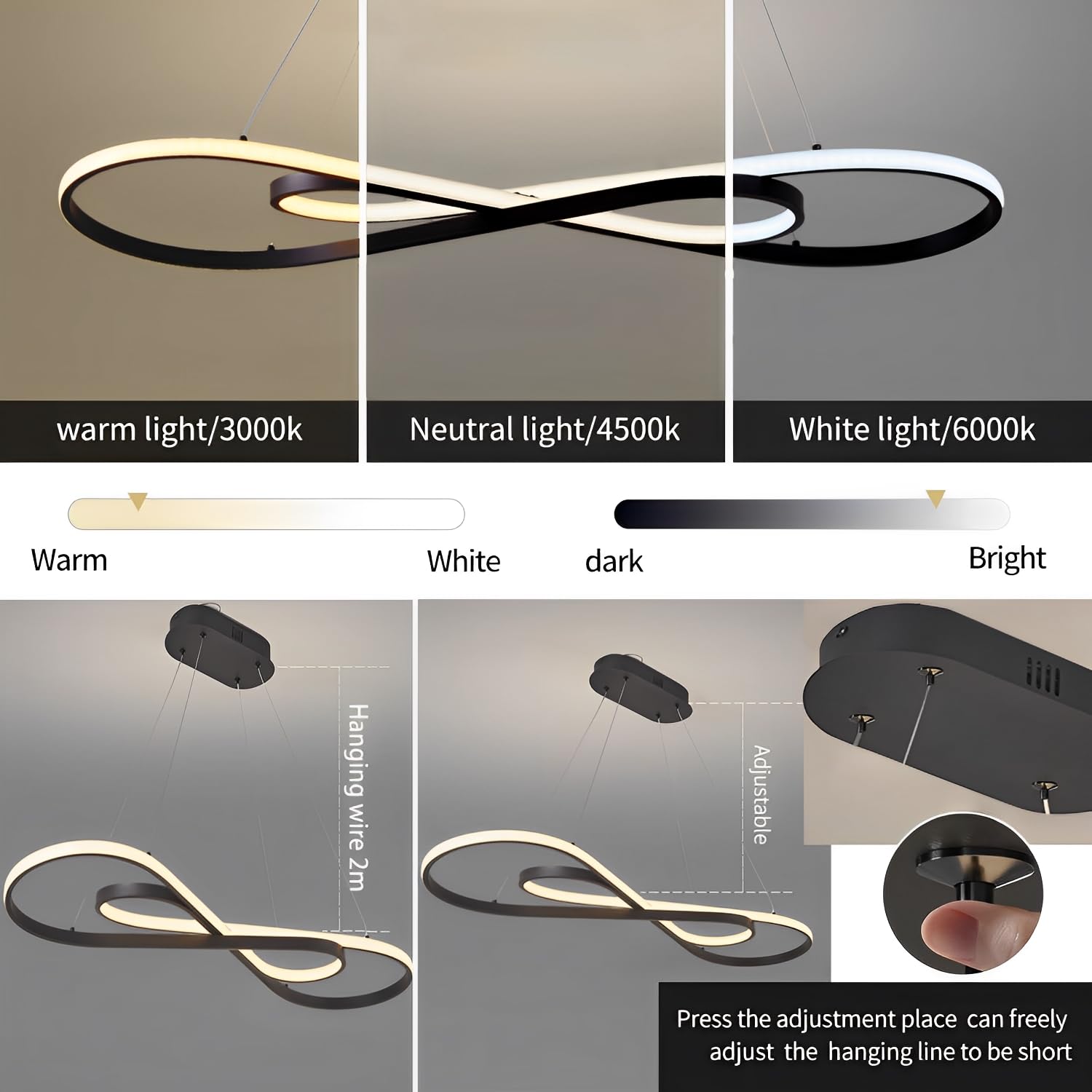 57W LED Pendelleuchte, Doppelfigur 8 Design, Schwarz | Dimmbare Hängelampe mit Fernbedienung, Pendellampe Hängend Höhenverstellbar, Hängeleuchte für Esstisch, Esszimmer und Küche