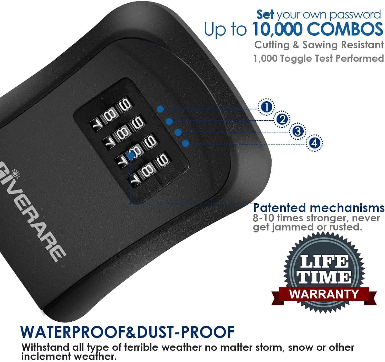 GIVERARE Key Lock Box Combination, 4-Digit Lockbox Wall Mount, Waterproof Outdoor Key Hider, Resettable Code Safe Security Password Boxes with Mounting Kit for Home, Office, Garage-Black image 3