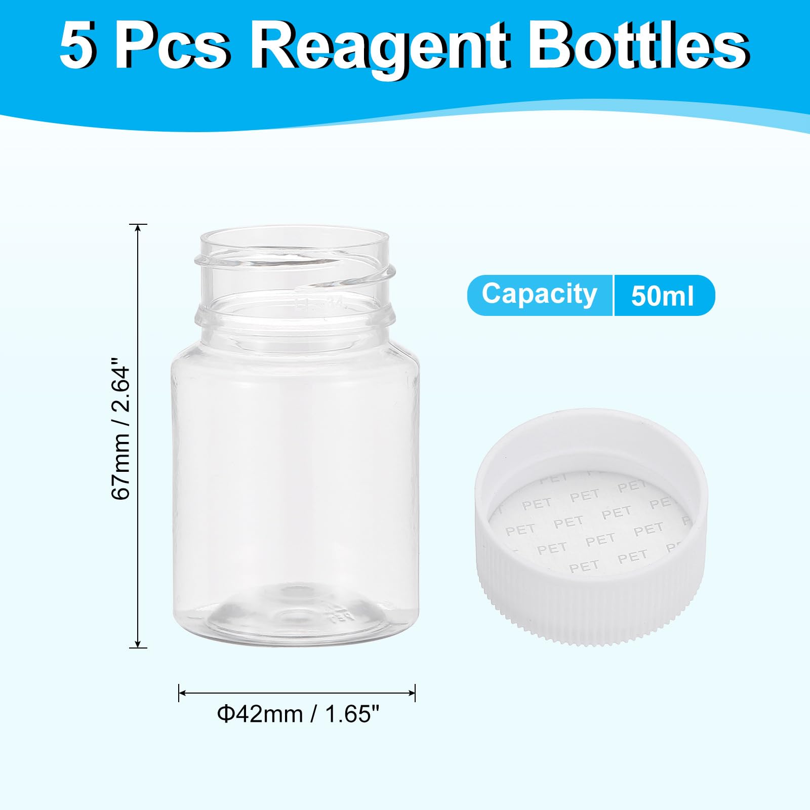 PATIKIL 5pz Boccette da 50 Ml per Reagenti, Bottiglie Tondo a Bocca Larga in Pet con Tappo a Vite per Acqua Laboratorio Sigillo Conservazione Campioni Solidi, Trasparenti