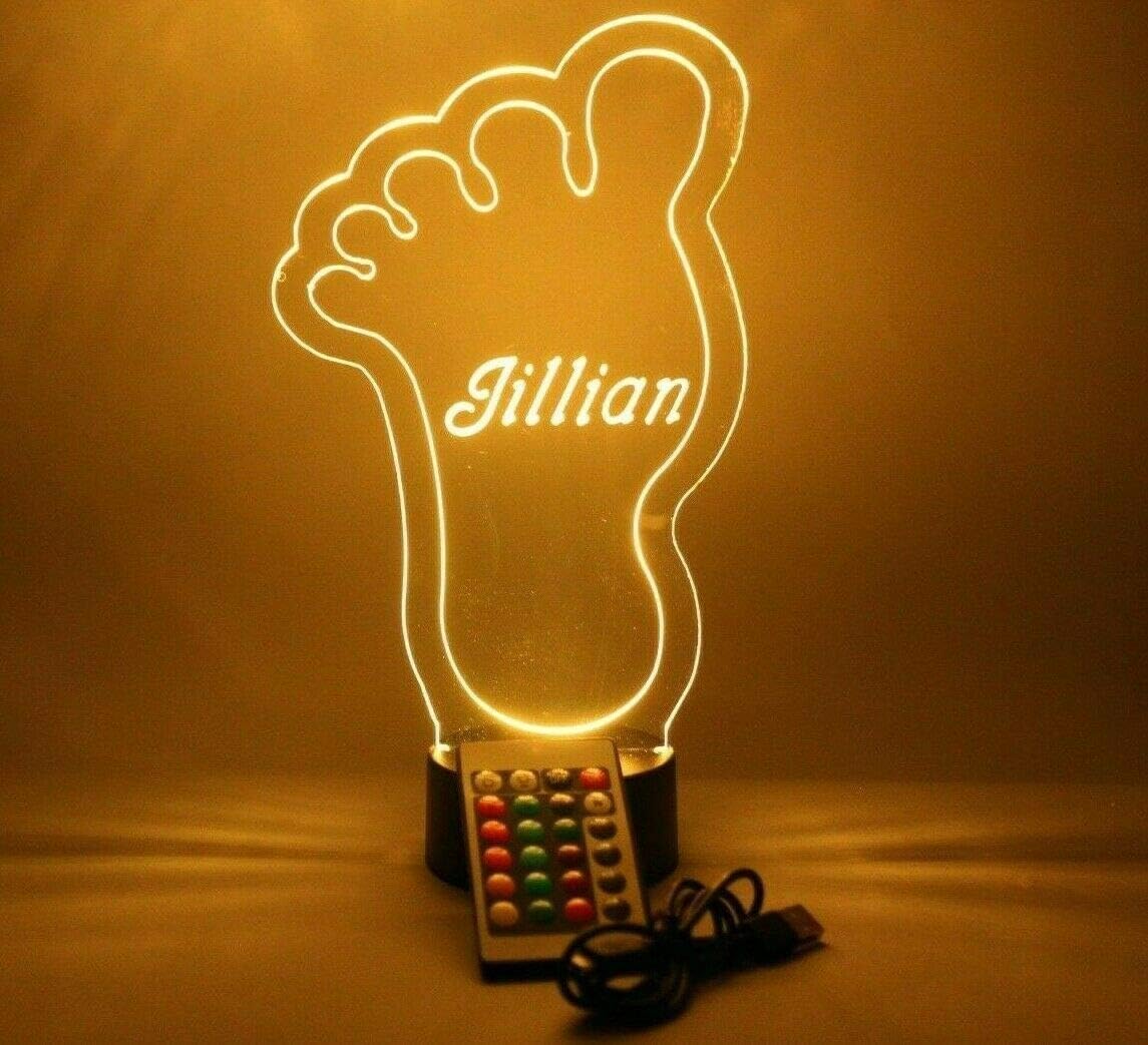 MIRROR MANIA Foot Feet Toe Print Steps Night Light Up Table Lamp LED Personalized Free Engraved Name and/or Words, It's Wow, Featuring 16 Color Options, Cord, Stand, Dimmer, Great Gift