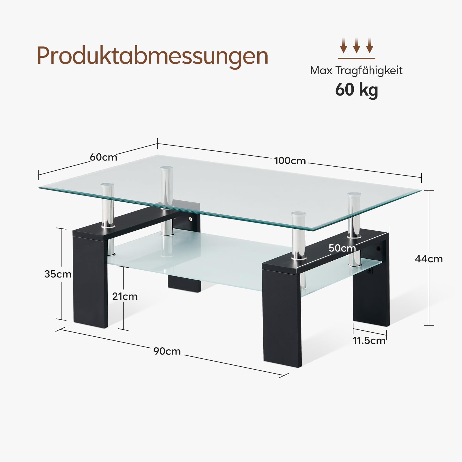 TUKAILAI Couchtisch Glas Modern Rechteckiger Wohnzimmertisch Couchtisch mit unterer Ablage, Beistelltisch Glastisch für Wohnzimmer, Gäste, Empfang, Zimmertisch, Schwarz,100x60x45 cm