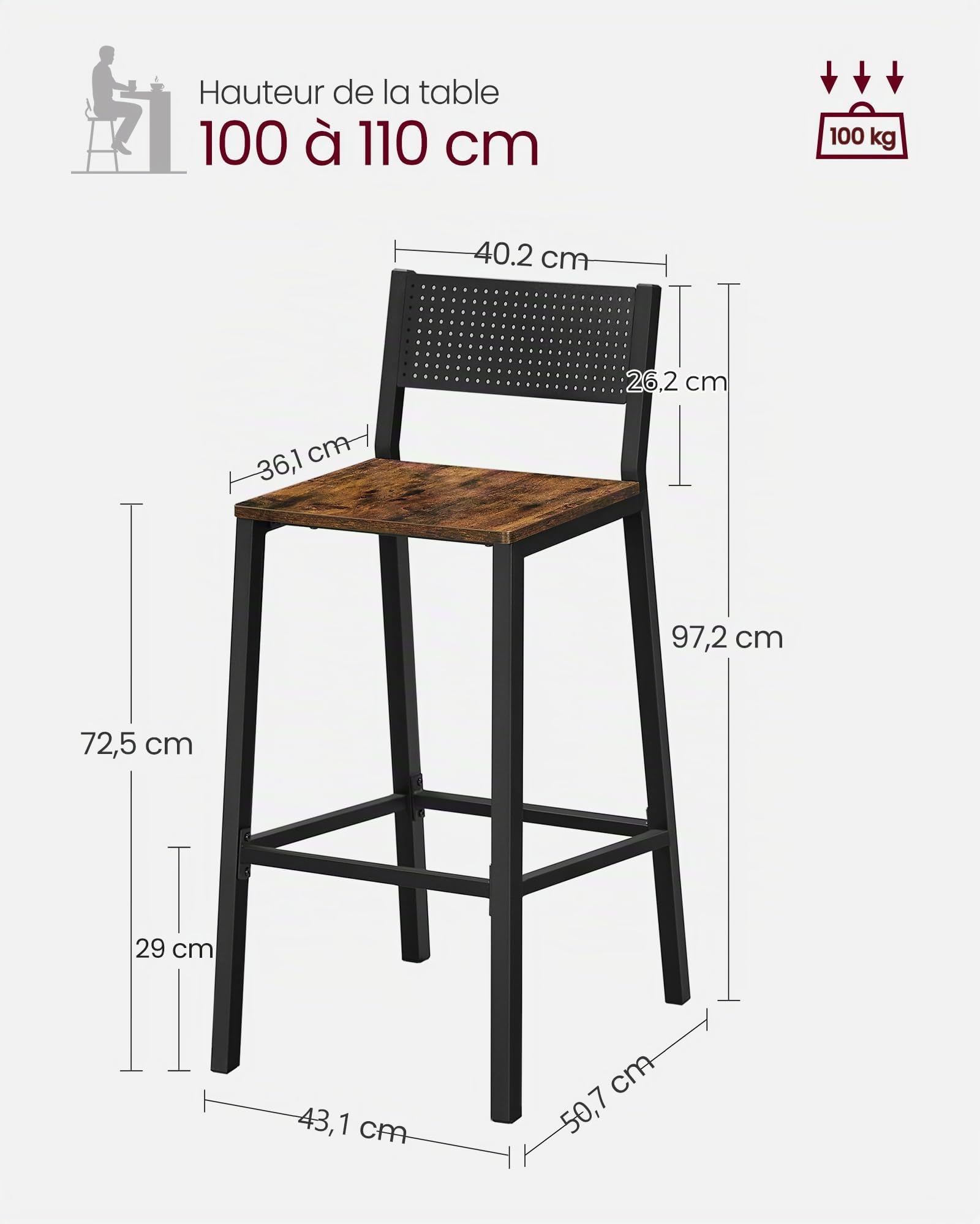 VASAGLE Tabourets de Bar, Lot de 2 Chaises Hautes, SiÈges Cuisine, Salle À Manger, Bureau, Style Industriel, Marron Rustique et Noir LBC070B01