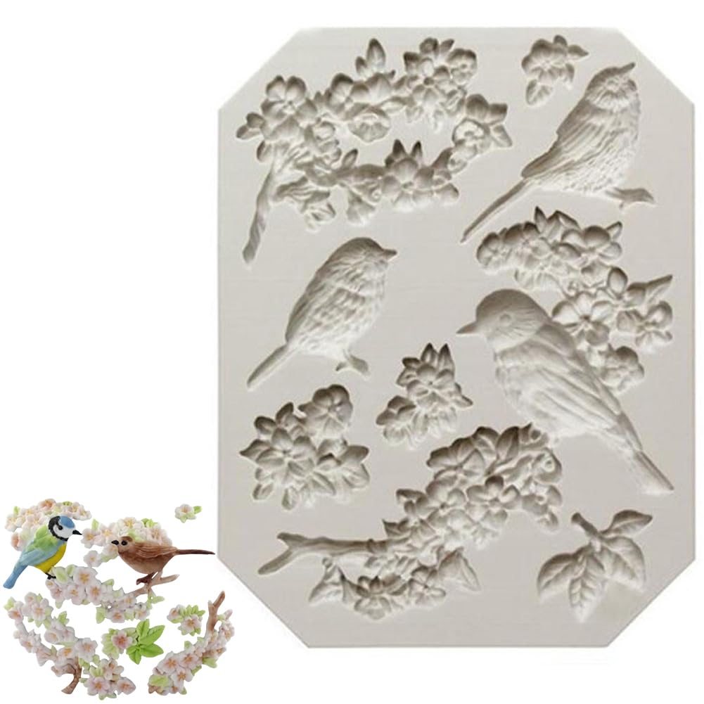 Tossper White Blossoms And Birds Silicone Mould For Cake Decorating, Crafts, Cupcakes, Sugarcraft, Candies, Card Making And Clay