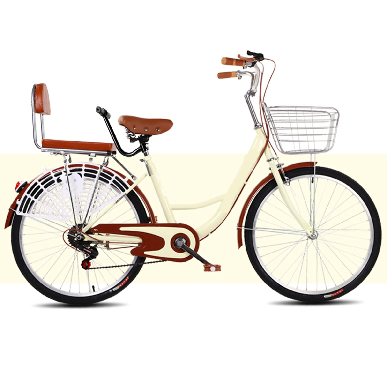 Women Cruiser Bike,Adult Beach Cruiser Bike Mens and Womens Lightweight Bikes with Basket,6-Speed Shifter,Thickened Back Seat Cushion,Suitable for Commuting,Socializing,Hiking,And Vacation.(Color:Beig