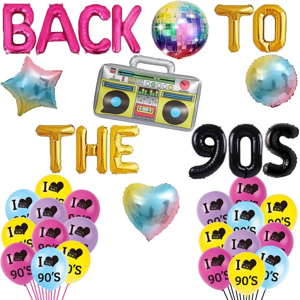 Back to The 90's Balloons Retro Radio 90s Party Banner Throwback 90's/Funny 1990's /I Love 90s/Rock Punk Music Dance Disco Boom Box Hip Hop 90th Birthday Wedding Party Supplies Decorations