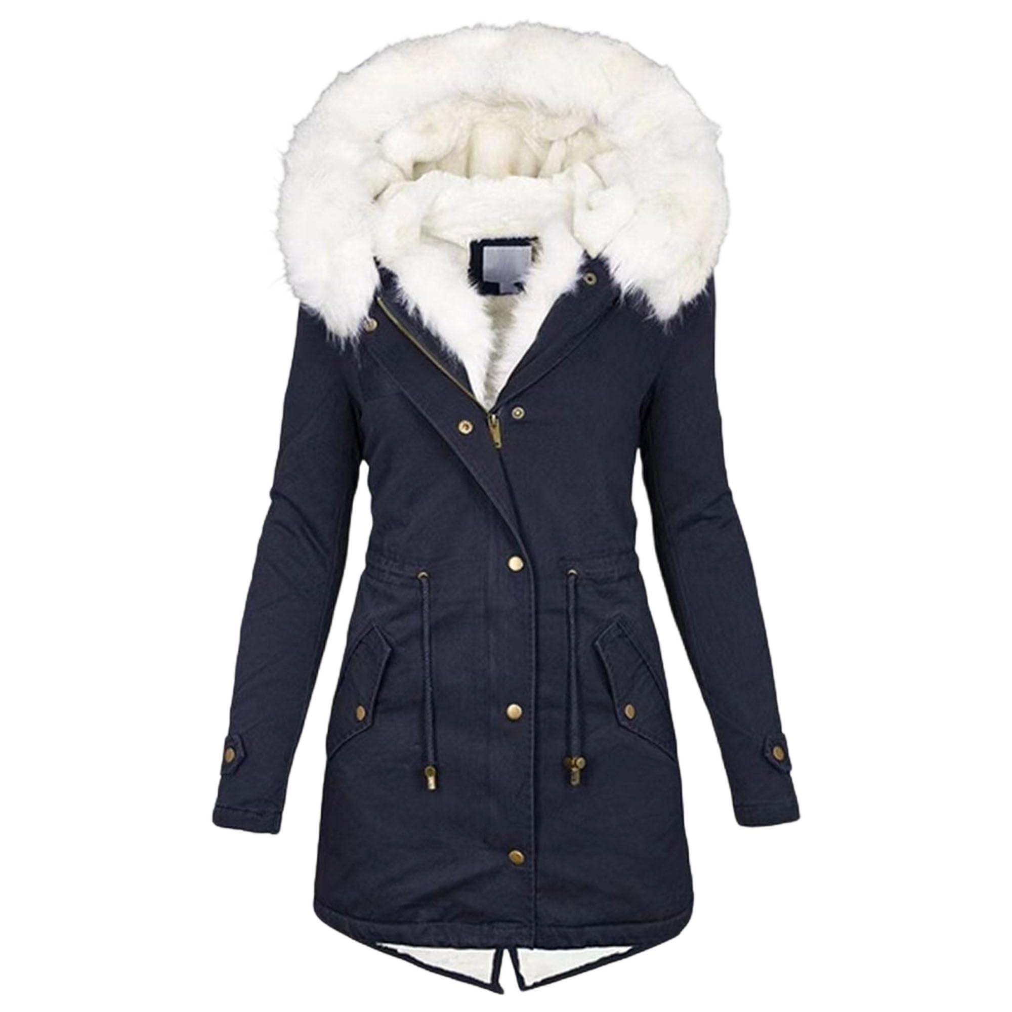 Parka invernale da donna con cappuccio in pelliccia sintetica foderata in