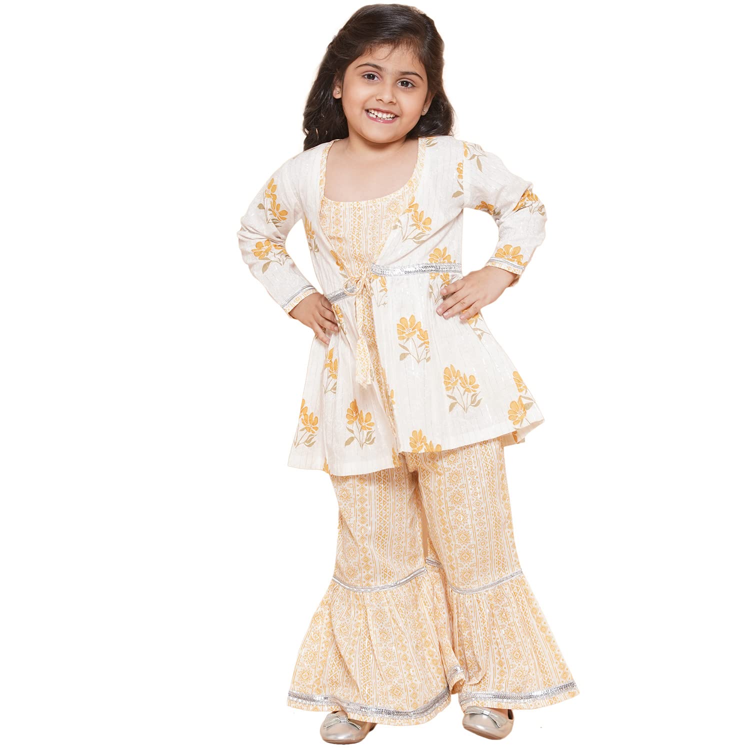 AJ DEZINES Kids Cotton Floral Printed Kurta Sharara with Shrug Set For Girls