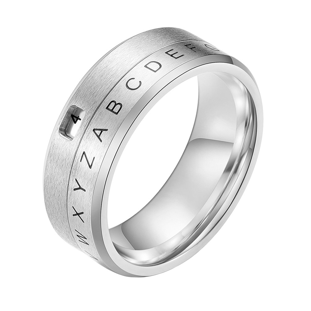 INRENG Anillo giratorio de acero inoxidable de 8 mm para hombre y mujer, diseño de decodificador de banda de números del alfabeto, Metal, Sin piedras preciosas