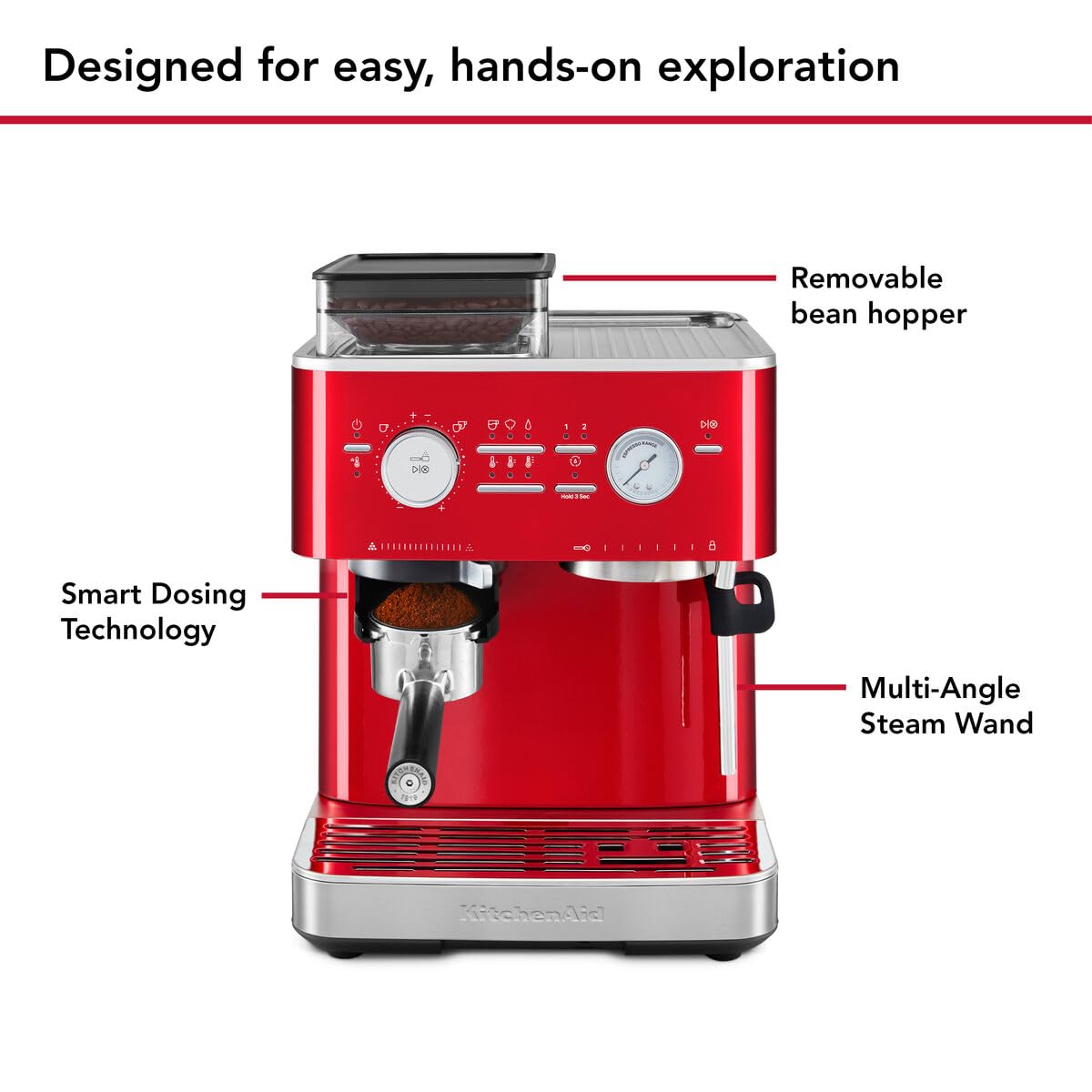 KitchenAid Ekspres do kawy ziarnistej - półautomatyczny ekspres do espresso i cappuccino z wbudowanym stożkowym młynkiem do kawy, dzbanek na mleko 355 ml, jabłko miłości