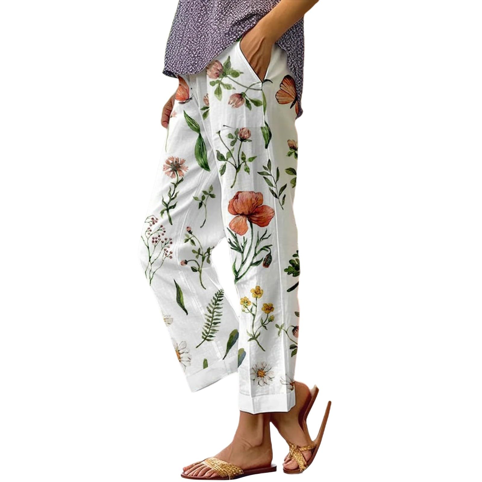 Sommerhose Damen Leicht Leinenhose Sommer Baumwolle Leinen Hose Boho Freizeithose Blumen Strandhose Luftige Stoffhose Bequeme Caprihose Damenhosen Mit Taschen