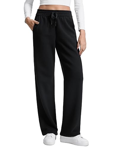 CRZ YOGA Cotton Fleece Lined Sweatpants Women 28"/30"/32" - Straight Leg Casual Lounge Pants with Pockets Winter Warm - 30" - X-Small - Black