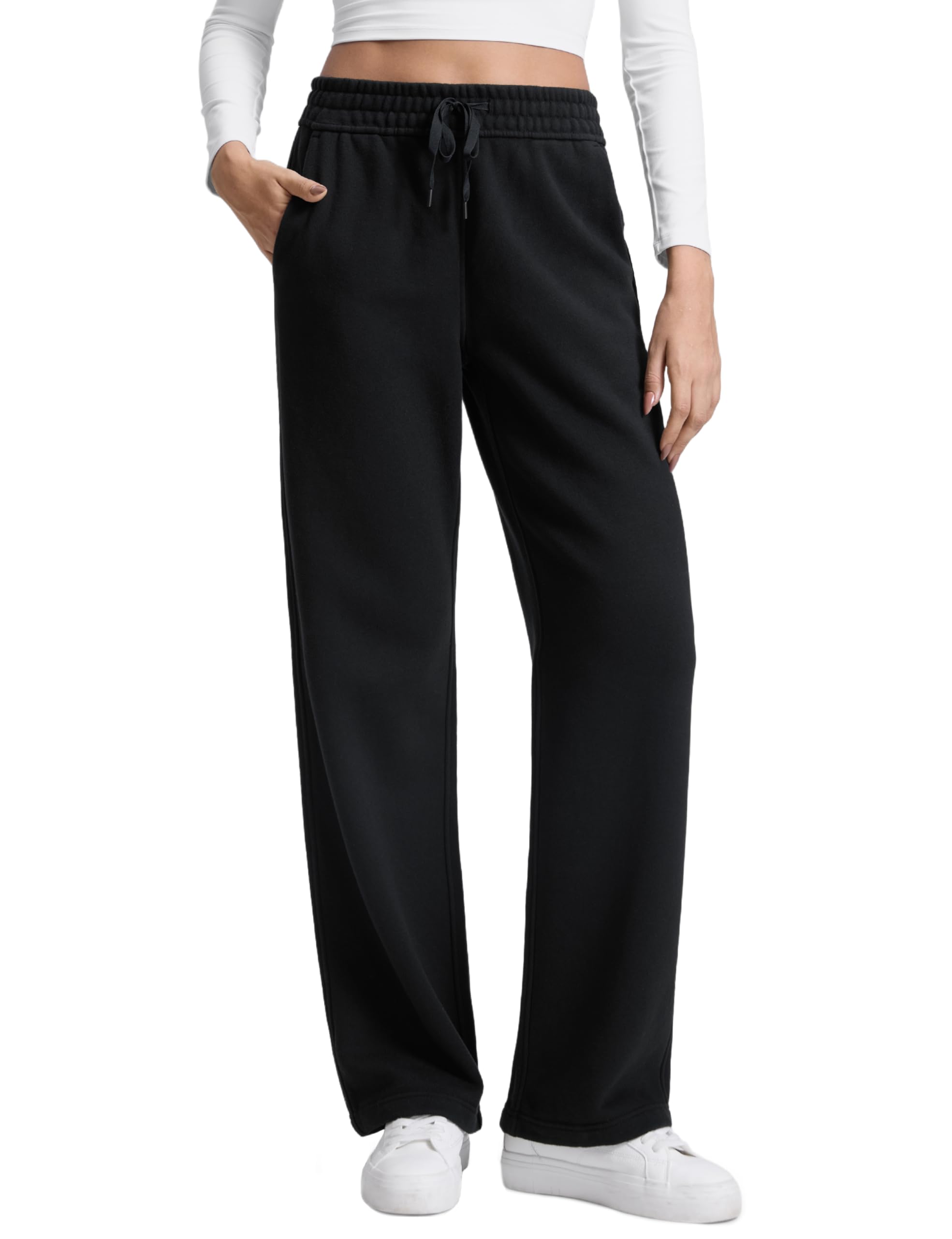 CRZ YOGA Cotton Fleece Lined Sweatpants Women 28"/30"/32" - Straight Leg Casual Lounge Pants with Pockets Winter Warm 30" Large Black