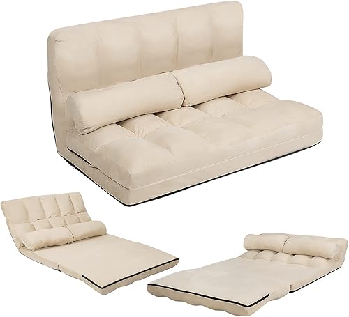 Miniatura 19 de KOMFOTT Sofá cama ajustable de suelo, sofá cama plegable con respaldo de 6 posiciones y 2 almohadas, sofá futón convertible con funda de tela de