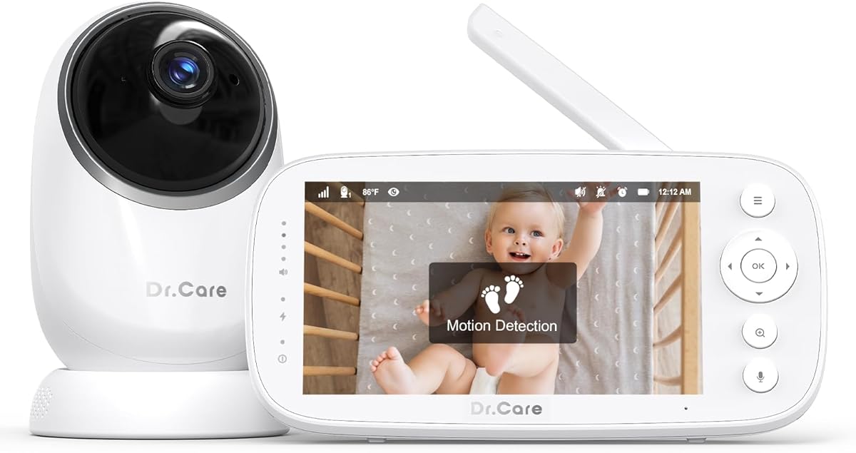 Dr.Care NovaView Pro Baby Monitor No WiFi with Motion Detection - 5" 1080P Split Screen Display, Clear Night Vision, Real-Time/VOX, 2X/4X Zoom, 5000mAh Battery, 2-Way Audio, Pan & Tilt Baby Camara