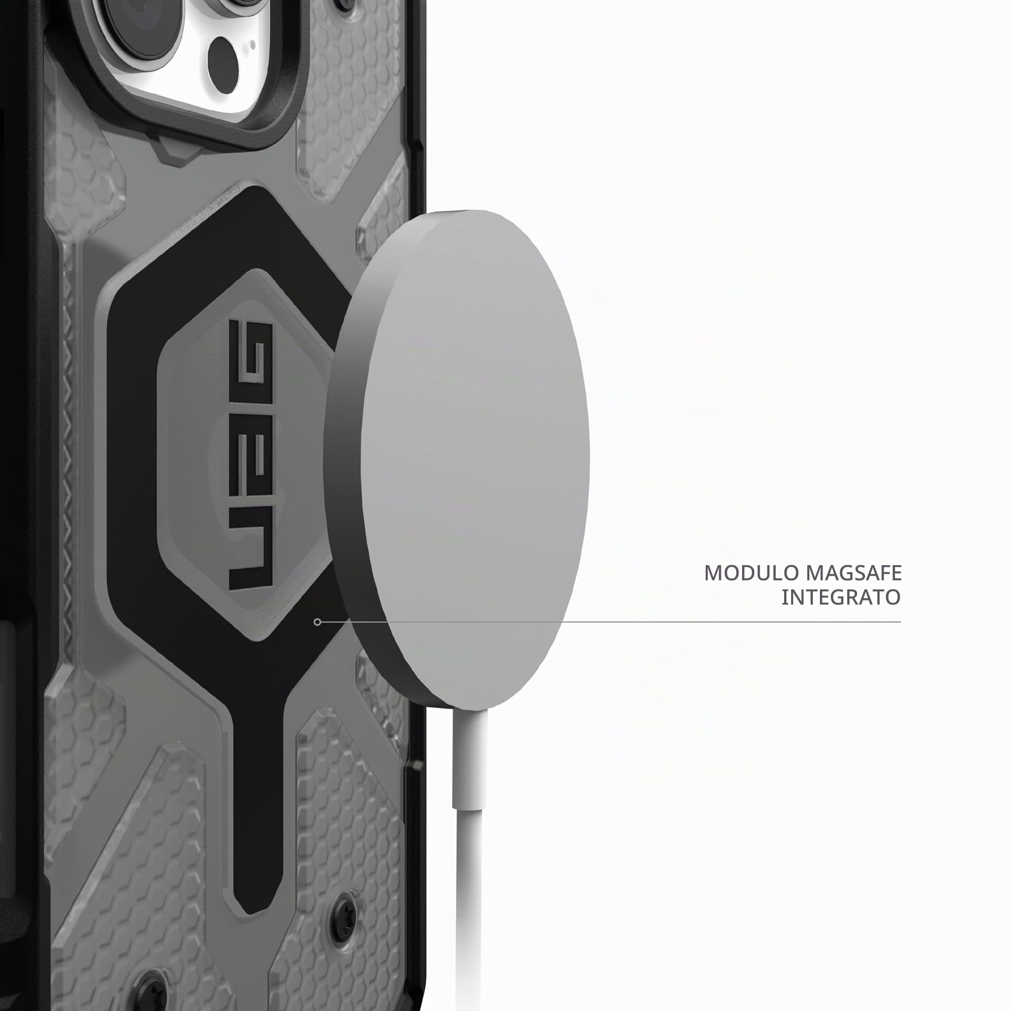 Urban Armor Gear Pathfinder MS Case compatibile con Apple iPhone 16 Pro Case (Ricarica wireless/magnetica compatibile, Protezione cadute standard militare) cenere (grigio trasparente)