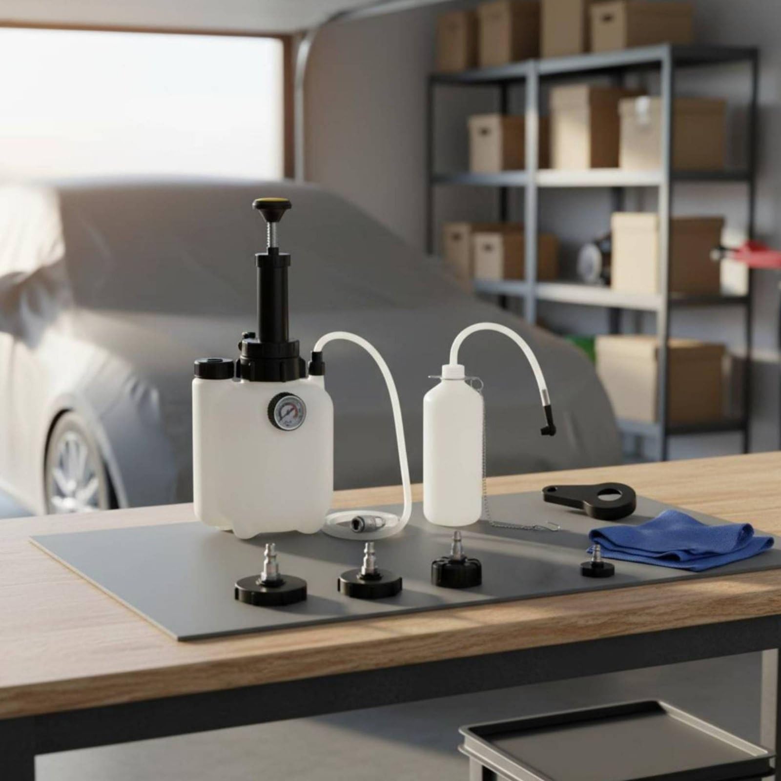 Máquina de Purga de Frenos Adaptadores Incluidos Cambiador Líquido Frenos Diseño Semitransparente Automoción para Mecánicos, Taller, Bomba De Vacío De 3L Con Adaptador De Codo