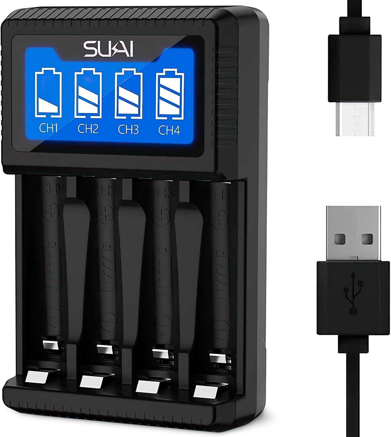 SUKAI Smart LCD Battery Charger for AA/AAA Ni-MH/Ni-Cd - 4-Slot USB Fast Charger with LCD Display, Independent Charging Ports & Auto-Safety Protection