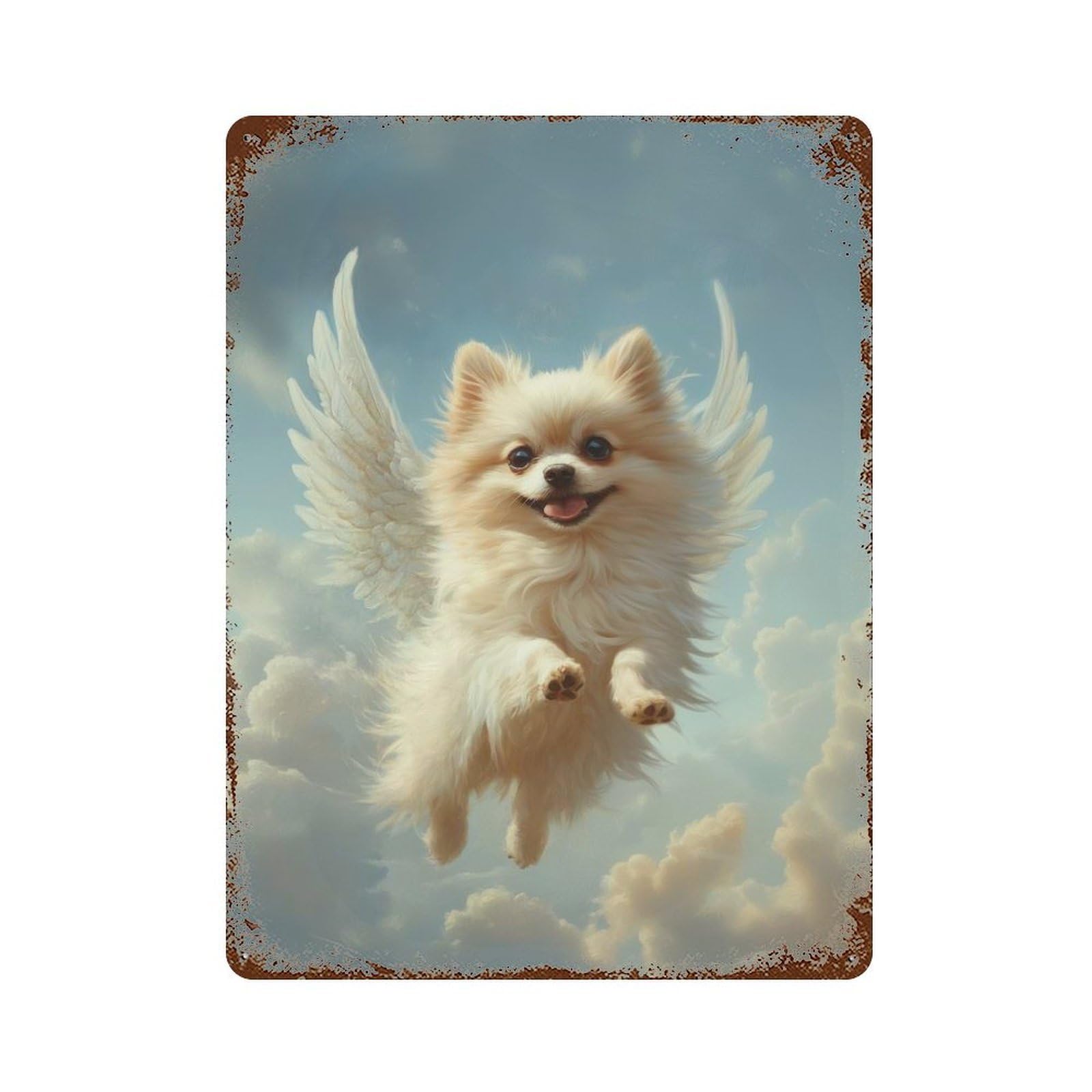 Pomeranian with Angel Wings Small Dog Tribute Angel Dog Aged Metal Wall Plaque 15.7"x11.8", Industrial Home Decor for Pub, Kitchen And Man Cave Decor
